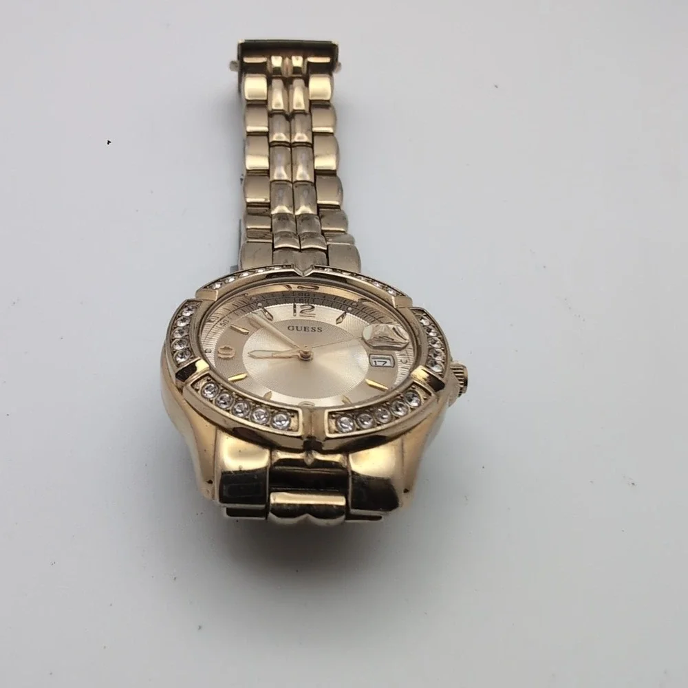 Guess Women's UB5110L1 Waterpro Analog/Date Watch. Gold Tone w Crystal, Works.